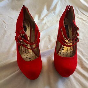 Material Girl 7.5 pump with straps Red plush fabric Worn